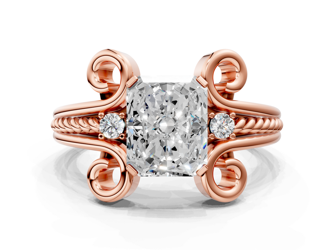 Rose gold Radiant Solitaire Twisted Band Scroll Prong Ring_10