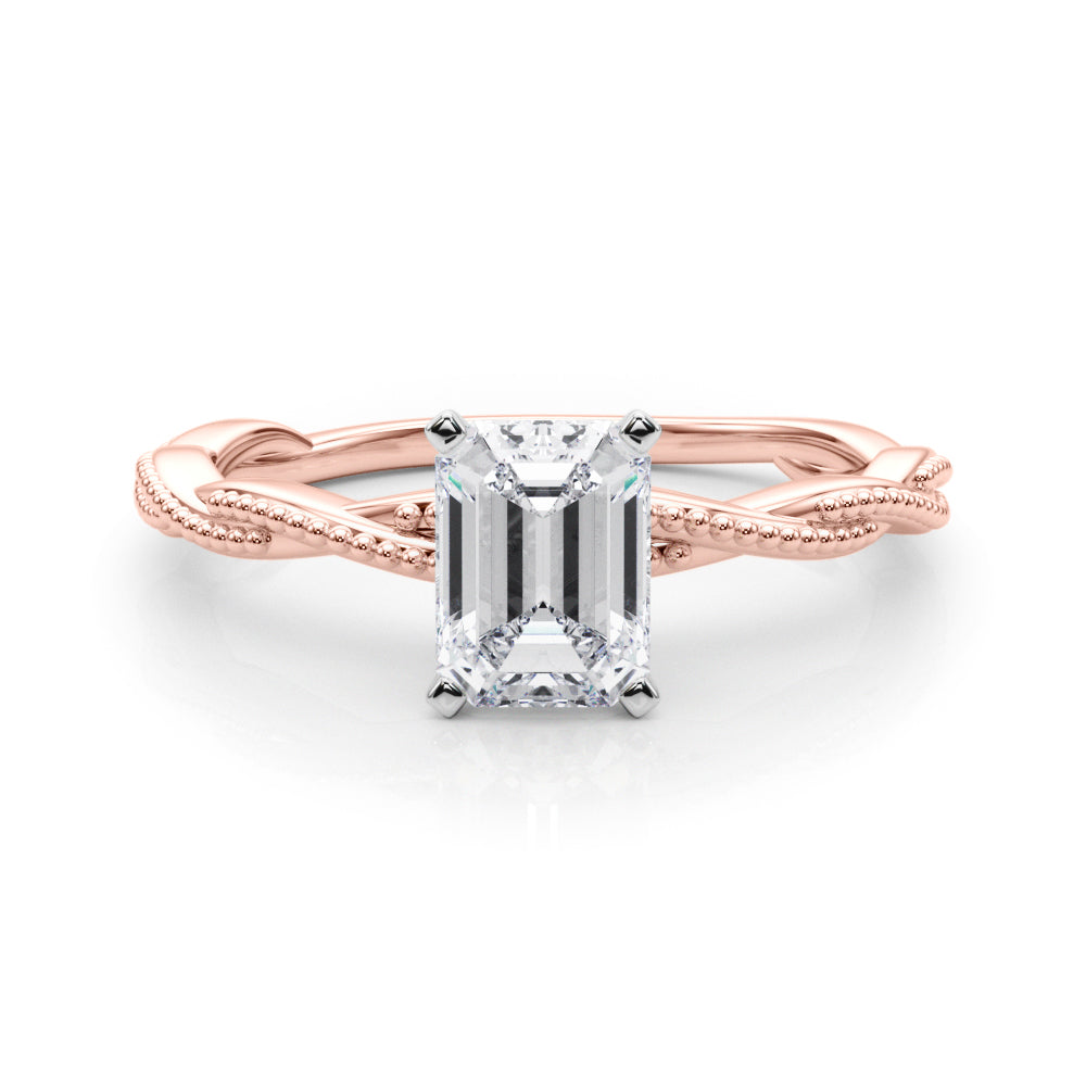 Rose gold Radiant Solitaire Twisted Band with Bead Prong Setting