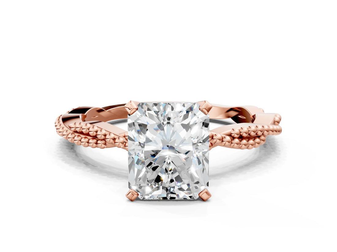 Rose gold Radiant Solitaire Twisted Band with Bead Prong Setting_380