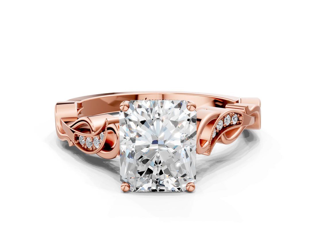 Rose gold Radiant Solitaire Vine Band with Milgrain Prong Setting_6