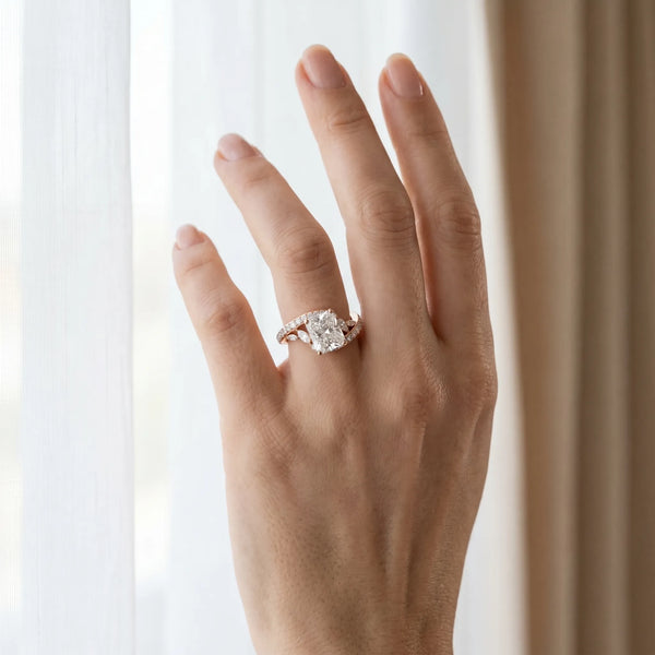Rose gold Radiant Solitaire with Pavé Twist Band and Four-Prong Setting