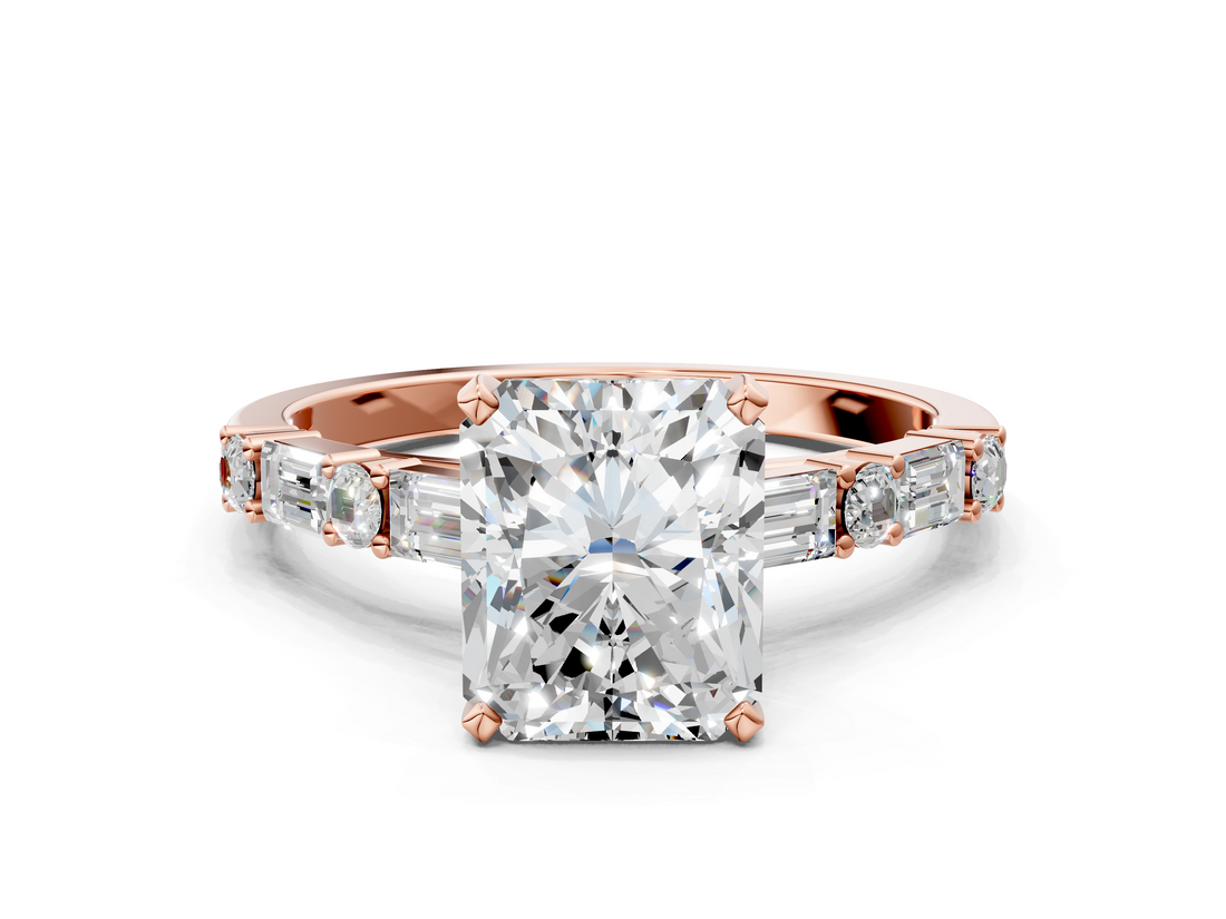 Rose gold Radiant Solitaire with Side Baguettes and Channel Set Band_58