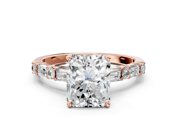 Rose Gold Radiant Cut Engagement Ring Setting with Baguette Side Stones and Mixed Accent Band