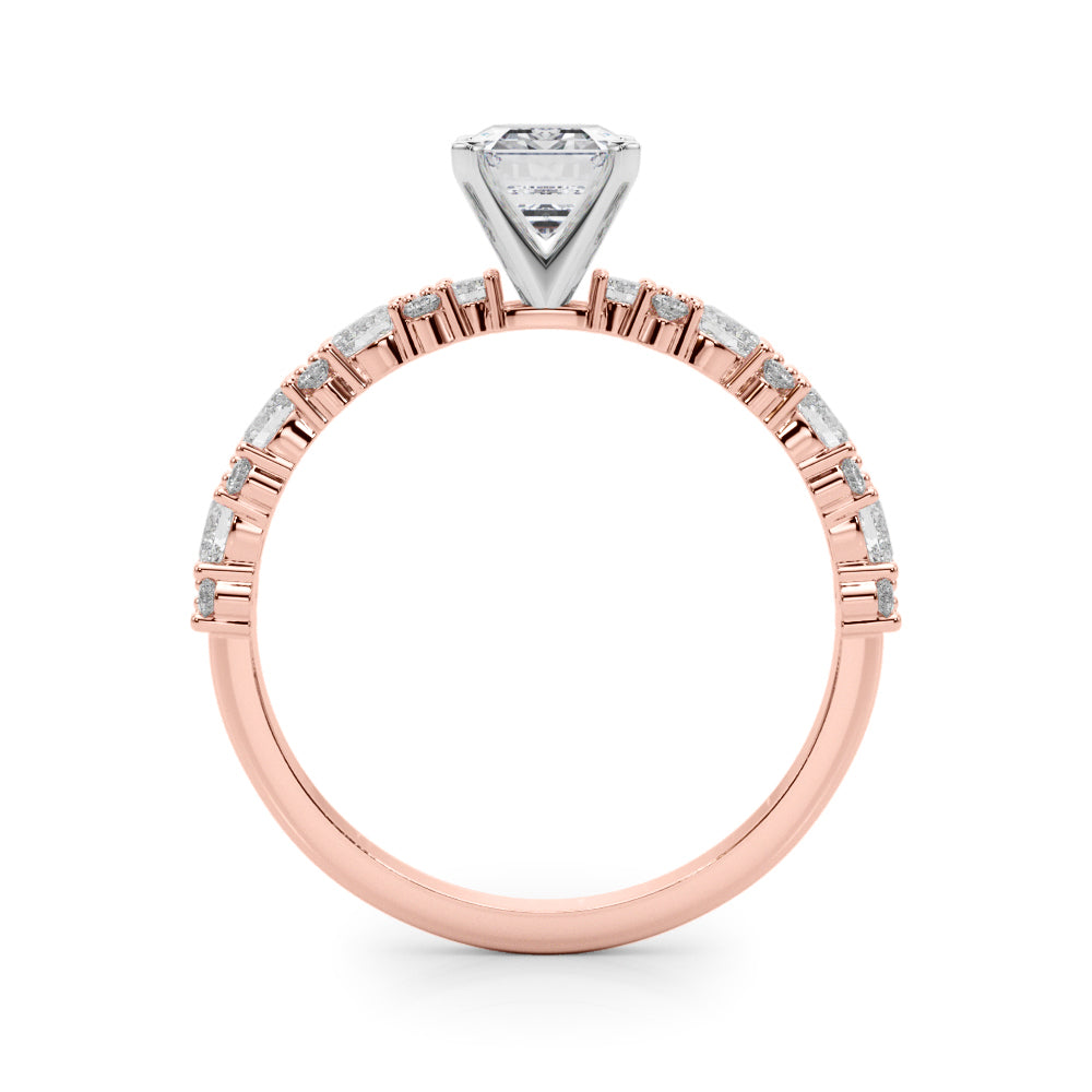 Rose gold Radiant Solitaire with Side Stones, Pave Band, Four-Prong Setting 1