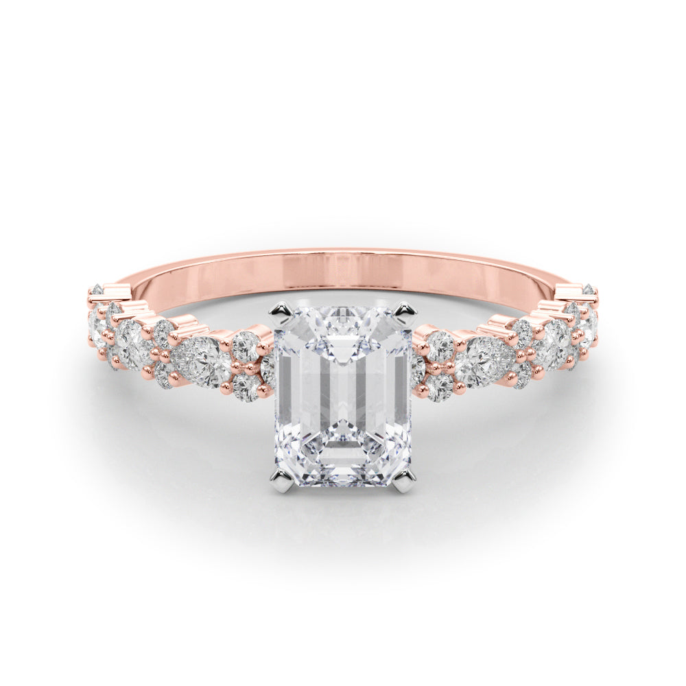 Rose gold Radiant Solitaire with Side Stones, Pave Band, Four-Prong Setting
