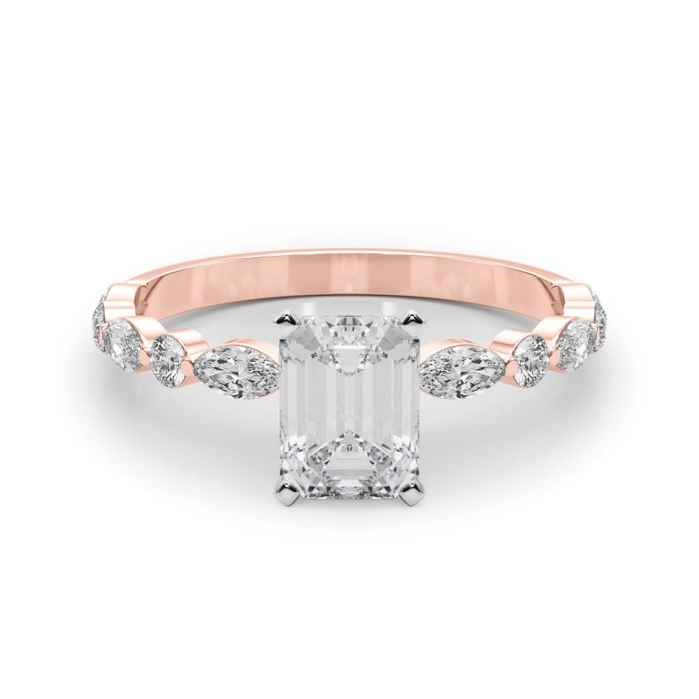 Rose gold Radiant Solitaire with Side Stones on a Pavé Band and Four-Prong Setting