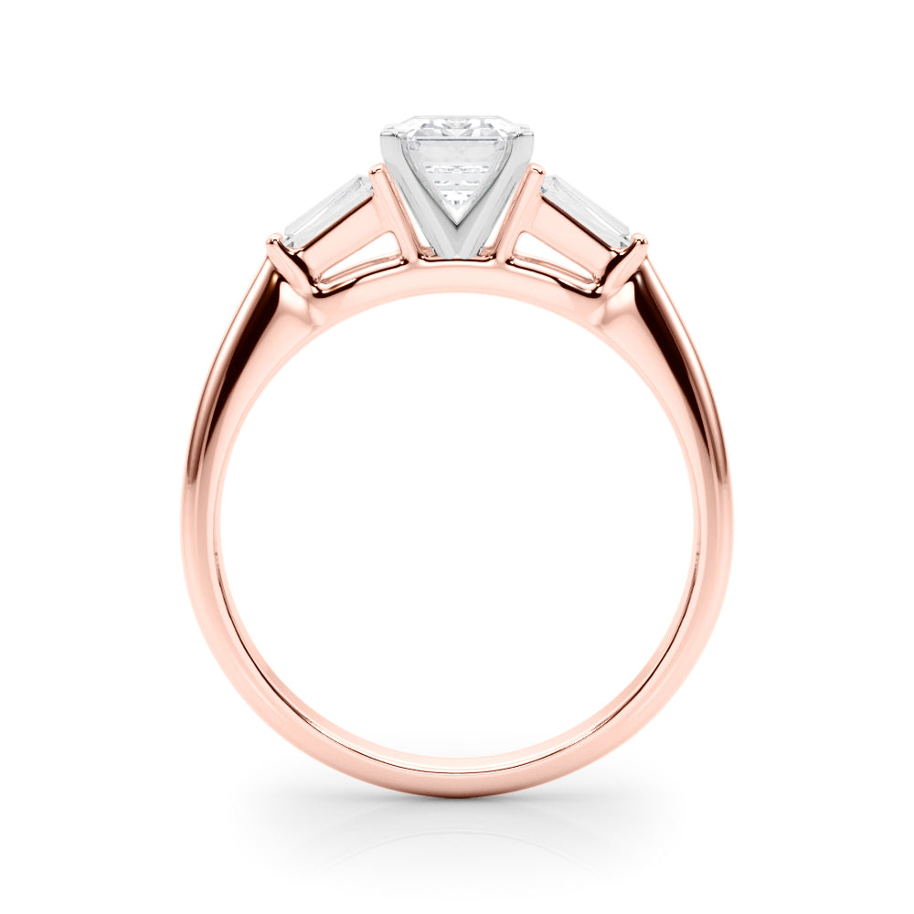 Rose gold Radiant Solitaire with Tapered Baguette Side Stones on a Classic Band with Four-Prong Setting 1