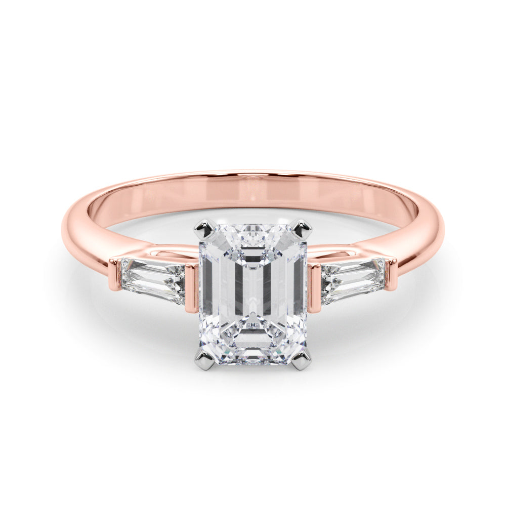 Rose gold Radiant Solitaire with Tapered Baguette Side Stones on a Classic Band with Four-Prong Setting