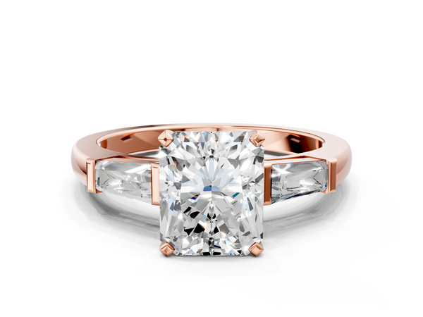 Rose gold Radiant Solitaire with Tapered Baguette Side Stones on a Classic Band with Four-Prong Setting