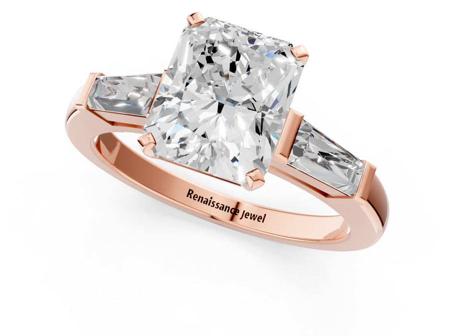 Rose gold Radiant Solitaire with Tapered Baguette Side Stones on a Classic Band with Four-Prong Setting