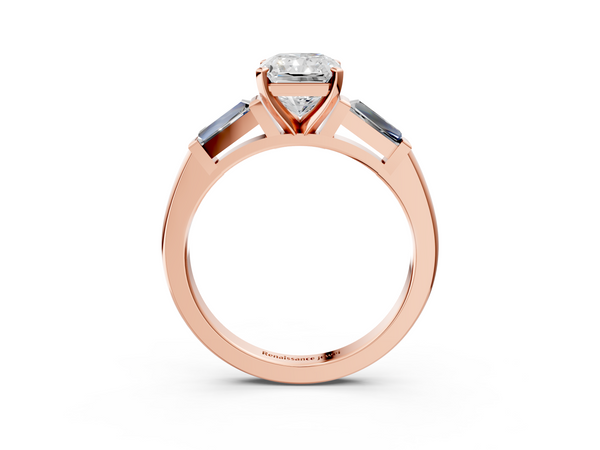 Rose gold Radiant Solitaire with Tapered Baguette Side Stones on a Classic Band with Four-Prong Setting