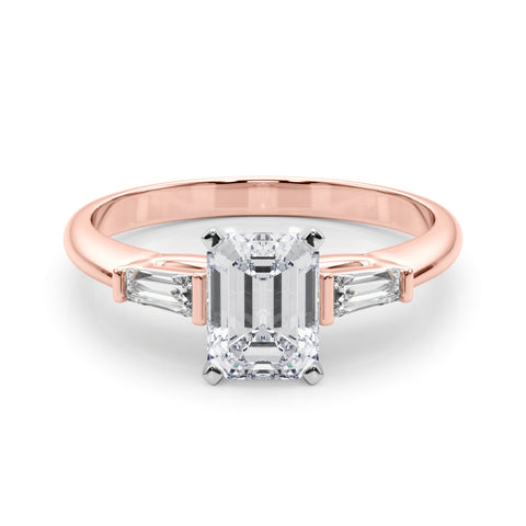 Rose gold Radiant Solitaire with Tapered Baguette Side Stones on a Classic Band with Four-Prong Setting