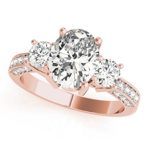 Rose gold Radiant Three-Stone Diamond Ring with Pavé Band and Four-Prong Setting 1