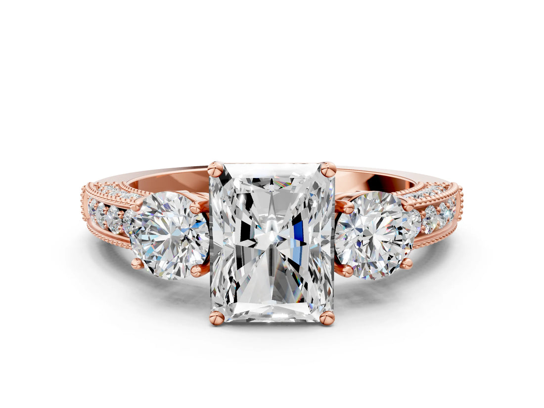 Rose gold Radiant Three-Stone Diamond Ring with Pavé Band and Four-Prong Setting_6