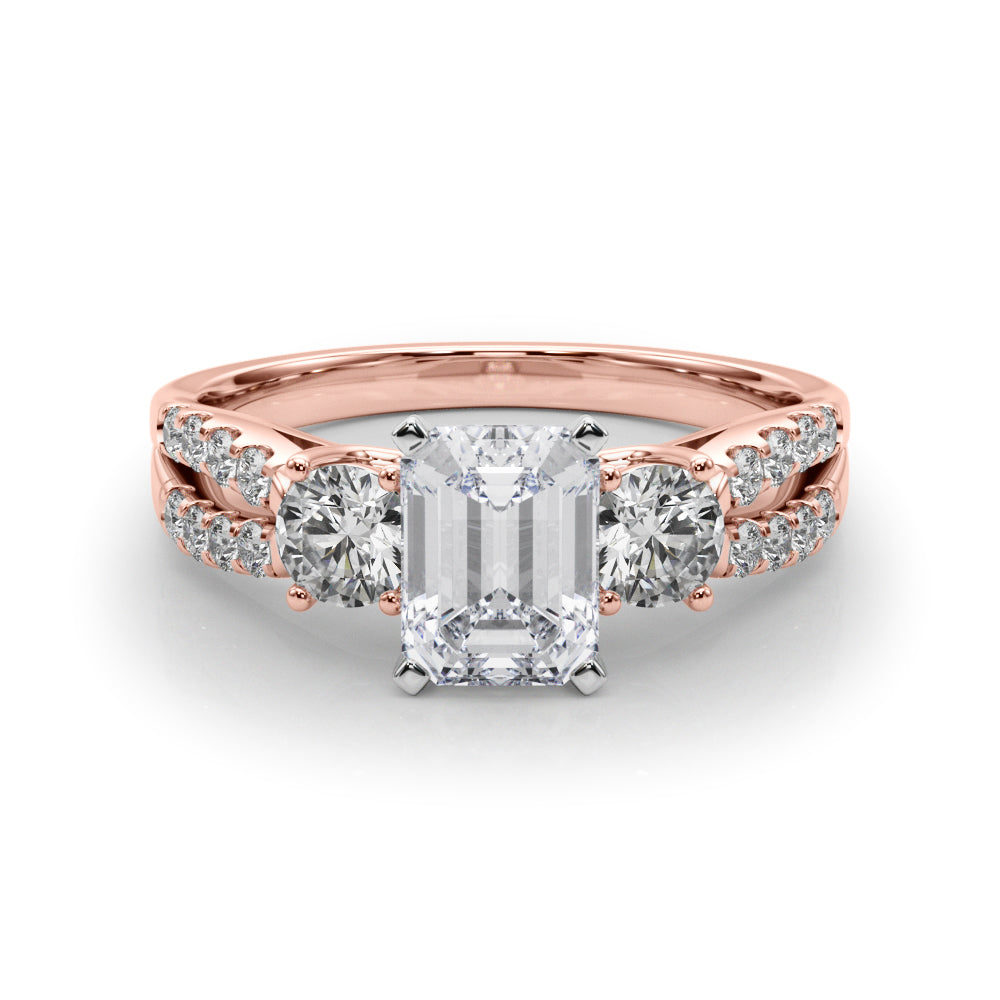 Rose gold Radiant Three-Stone Diamond Ring with Pavé Split Shank and Four-Prong Setting