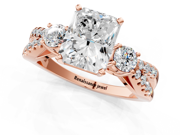 Rose Gold Radiant Cut Three Stone Engagement Ring Setting with Pave Split Shank