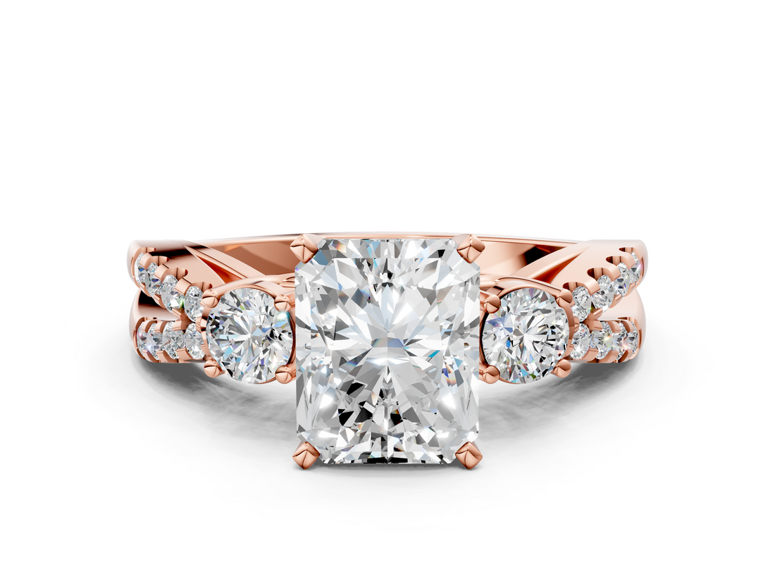 Rose gold Radiant Three-Stone Diamond Ring with Pavé Split Shank and Four-Prong Setting_91