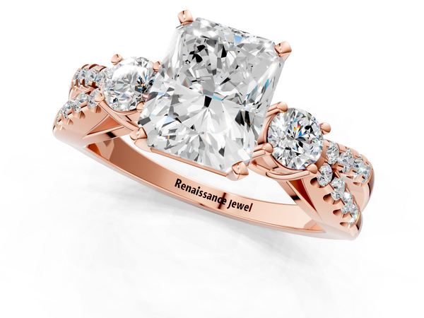 Rose Gold Radiant Cut Three Stone Engagement Ring Setting with Pave Split Shank
