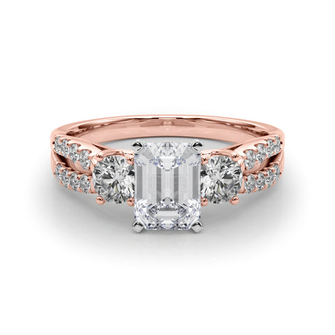 Rose gold Radiant Three-Stone Diamond Ring with Pavé Split Shank and Four-Prong Setting