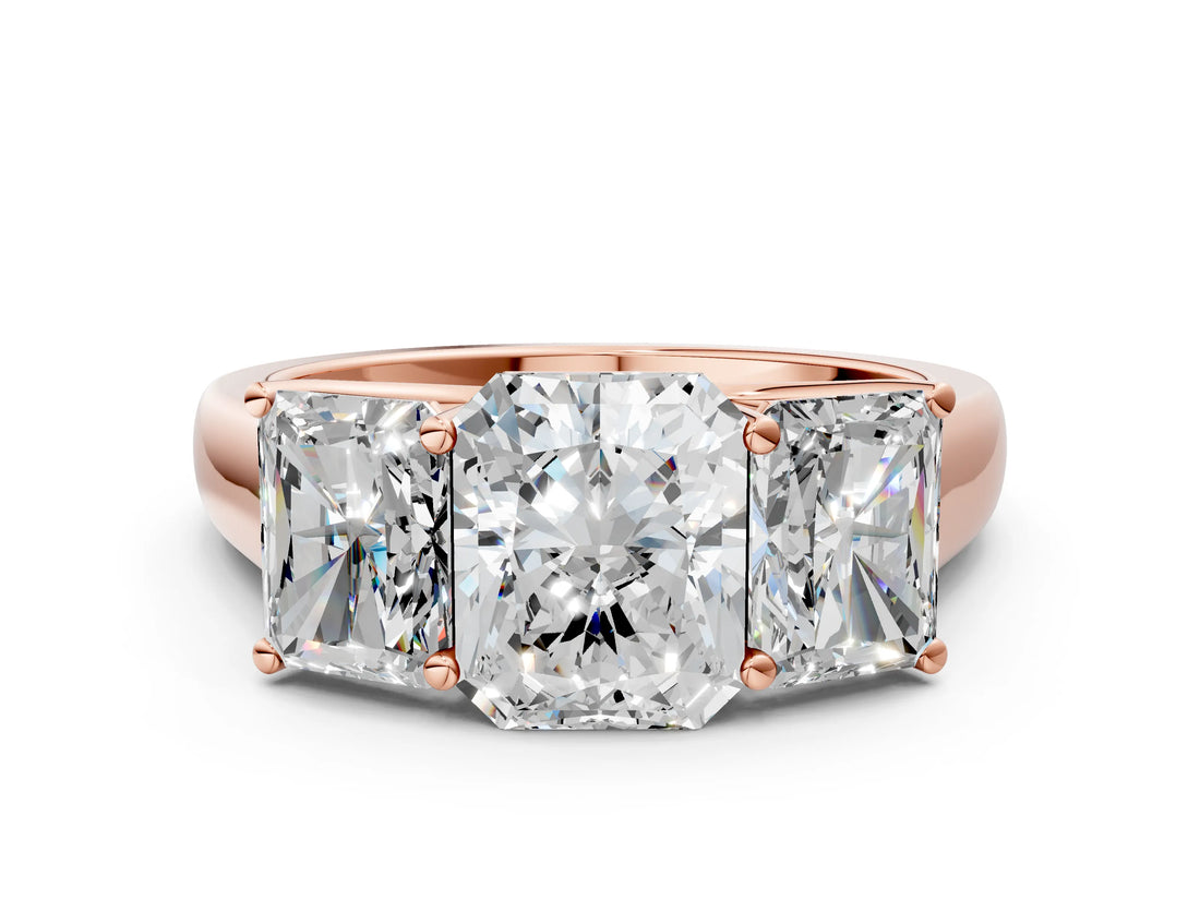 Rose gold Radiant Three-Stone Diamond Ring with Prong Setting on a Classic Band_15