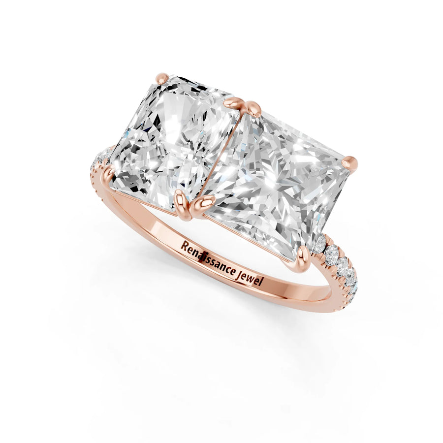 Rose gold Radiant and Princess Toi Moi Ring with Prong Setting and Micro Pave Band