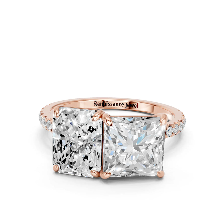 Rose gold Radiant and Princess Toi Moi Ring with Prong Setting and Micro Pave Band