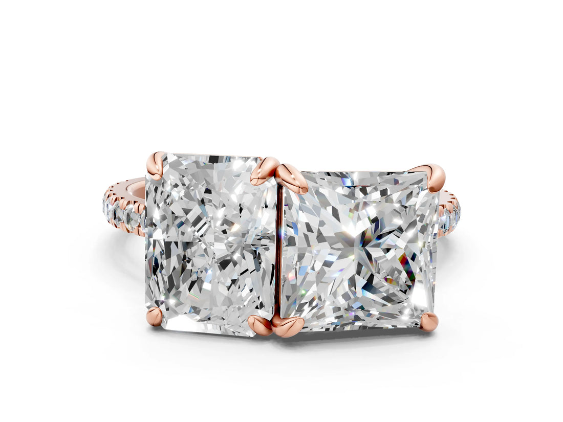 Rose gold Radiant and Princess Toi Moi Ring with Prong Setting and Pave Band 1