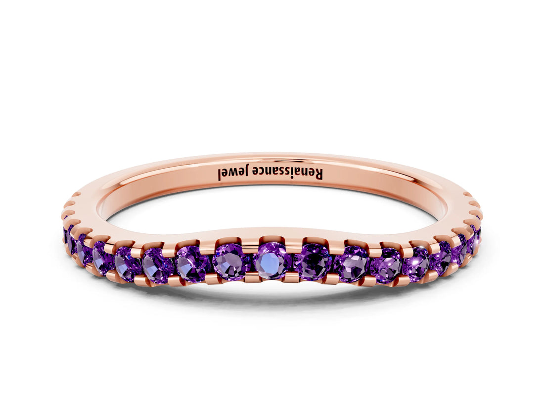 Rose gold Round Amethyst Pavé Set Curved Wedding Band_6