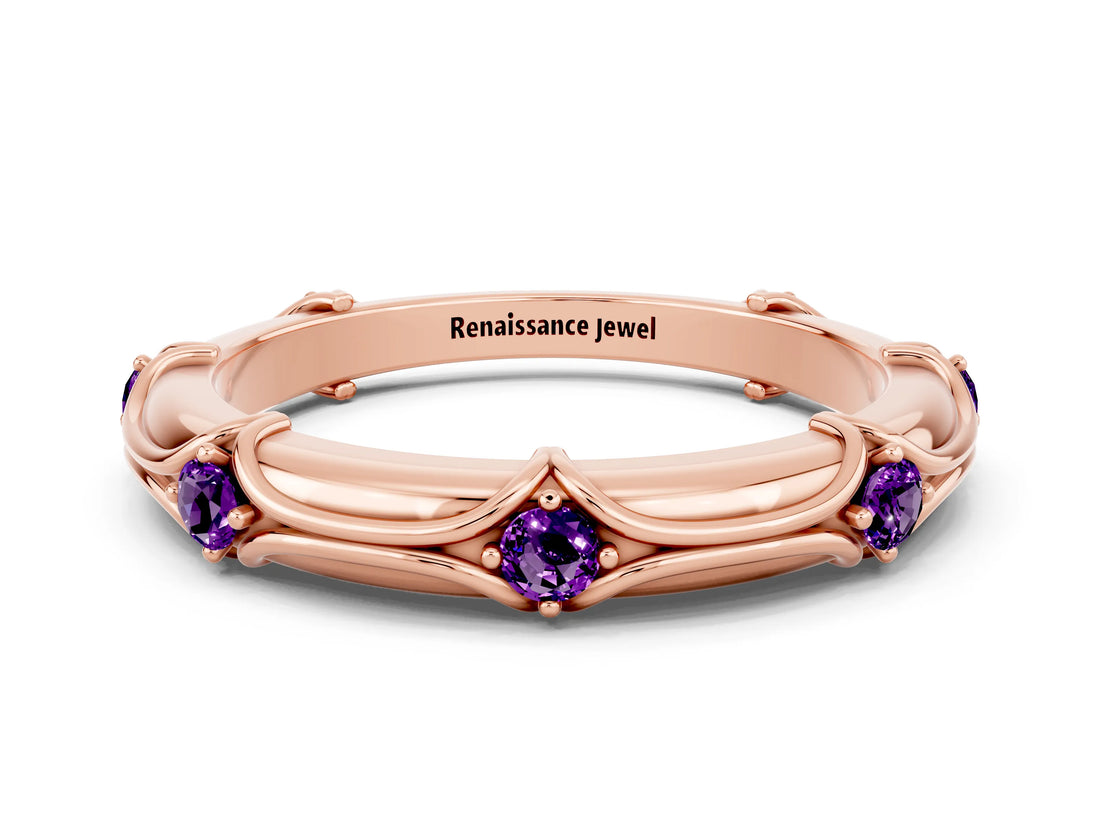Rose gold Round Amethyst Prong Set Milgrain Eternity Band_6