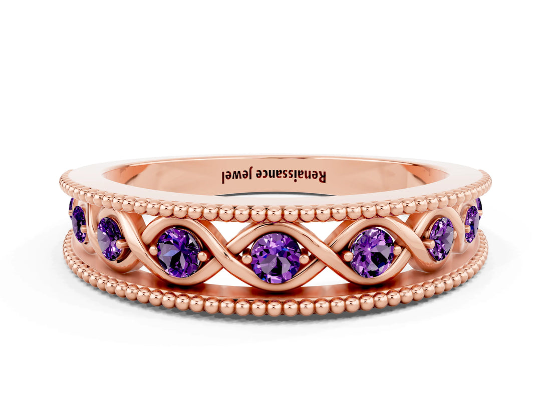 Rose gold Round Amethyst Twist Milgrain Band with Bezel Setting_12