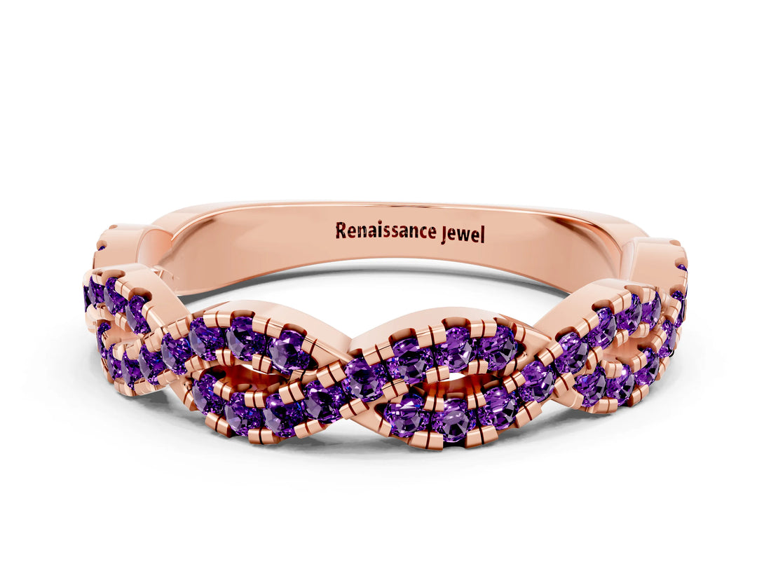 Rose gold Round Amethyst Twisted Eternity Band with Pavé and Shared Prong Setting_18