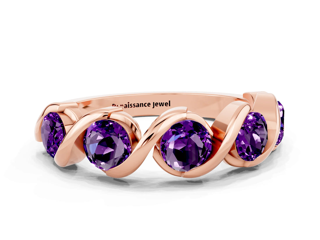 Rose gold Round Amethyst Wave Band with Channel Setting and Shared Prongs_6