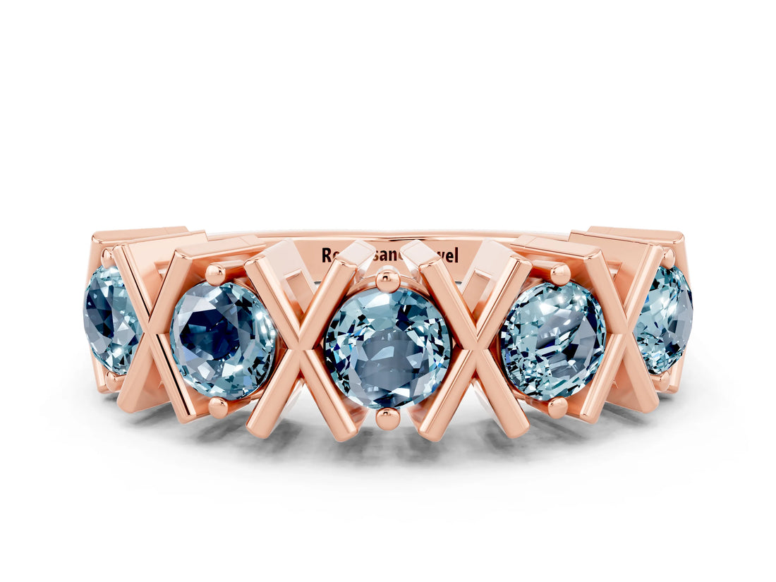 Rose gold Round Aquamarine Channel Set Band with X-Prong Detail_6