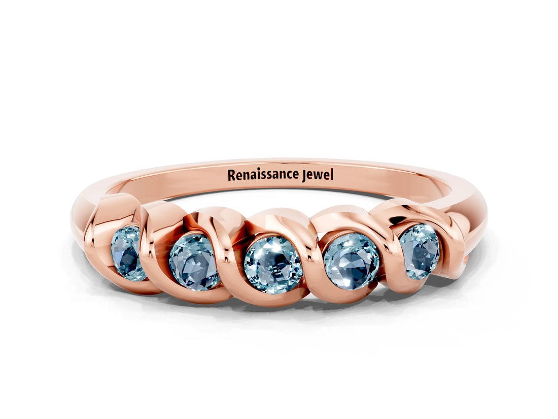 Rose gold Round Aquamarine Eternity Band with Twist Prong Setting_6