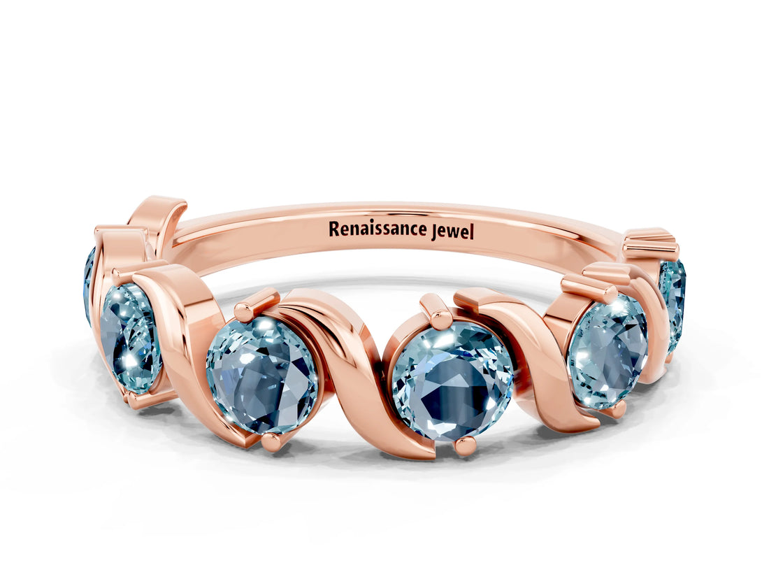 Rose gold Round Aquamarine Half Eternity Band with Wave Prong Setting_6