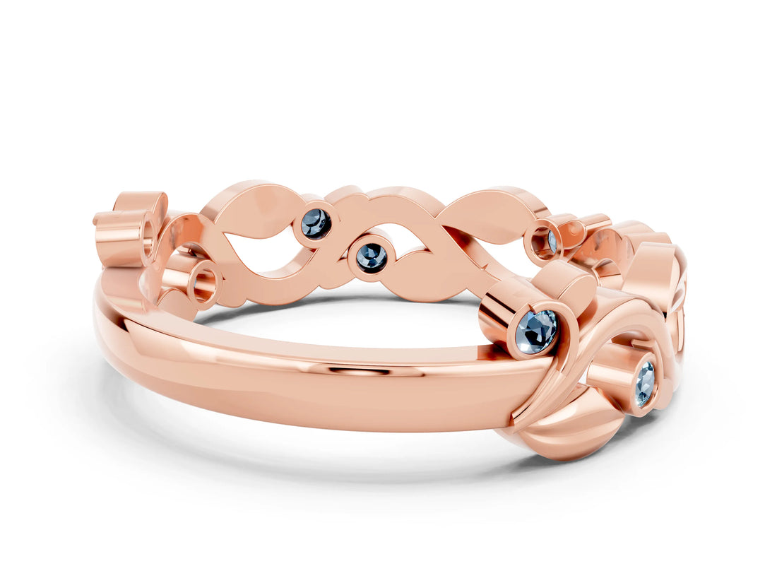 Rose gold Round Aquamarine Leaf Eternity Band with Bezel Setting_78