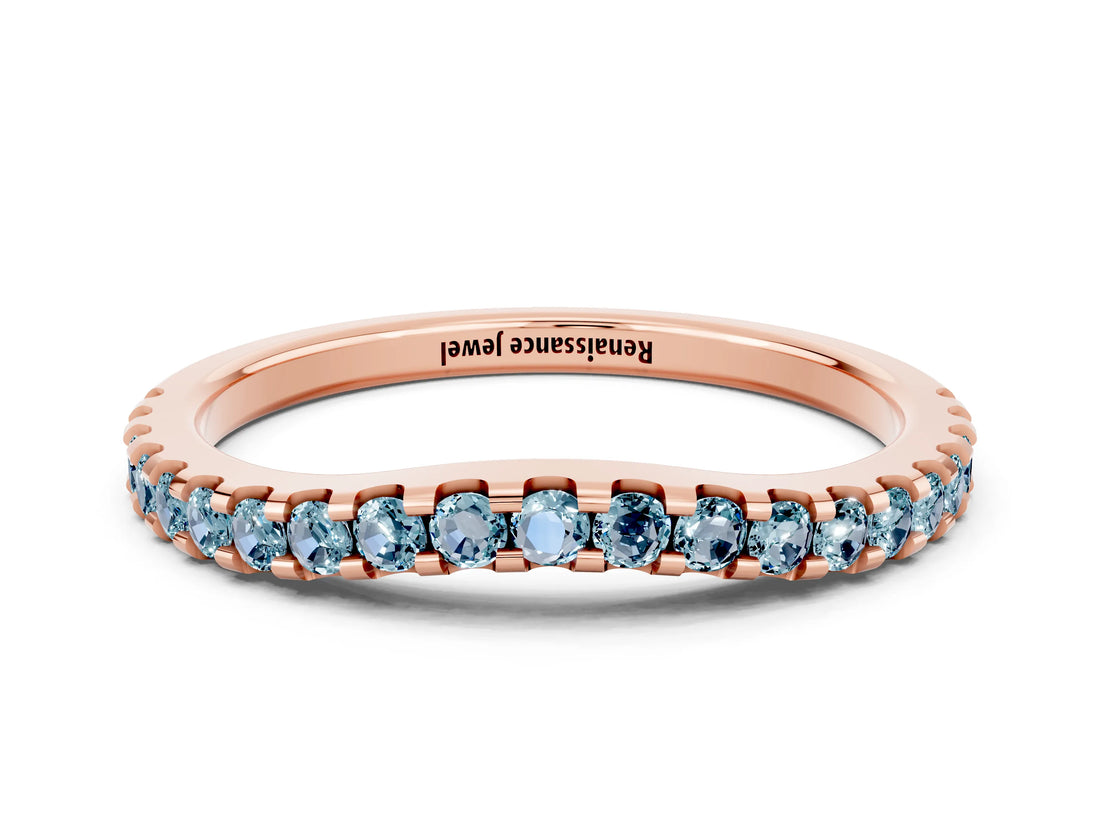 Rose gold Round Aquamarine Pavé Set Curved Wedding Band_6