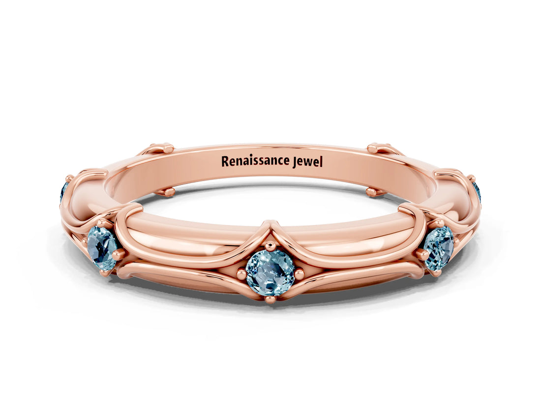 Rose gold Round Aquamarine Prong Set Milgrain Eternity Band_6