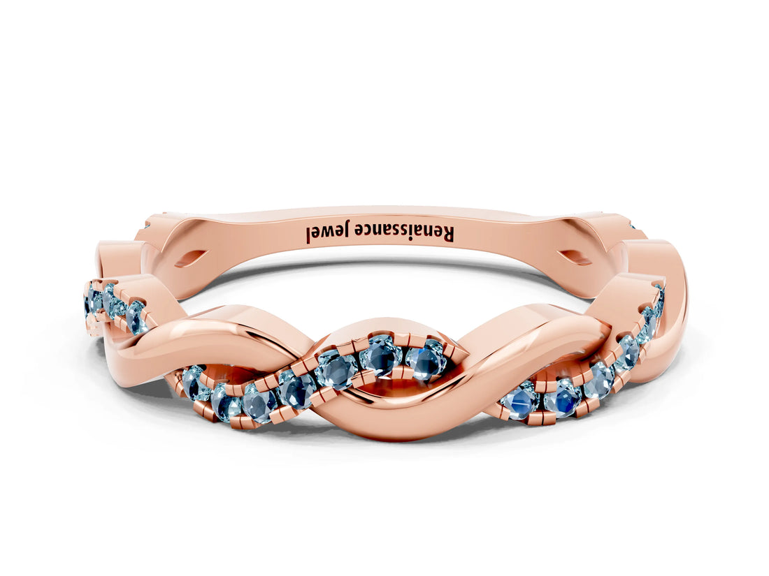 Rose gold Round Aquamarine Twist Eternity Band with Pavé Setting_6