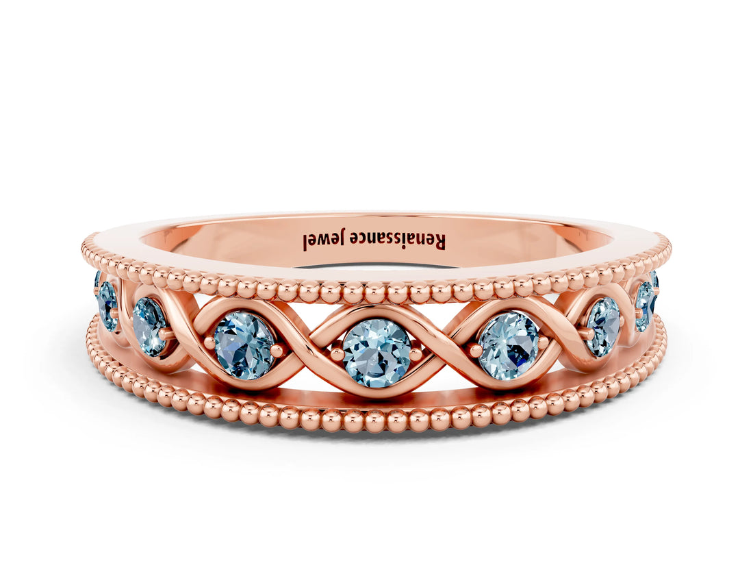 Rose gold Round Aquamarine Twist Milgrain Band with Bezel Setting_12