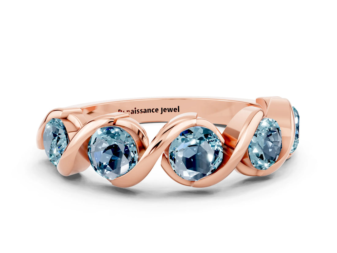 Rose gold Round Aquamarine Wave Band with Channel Setting and Shared Prongs_6