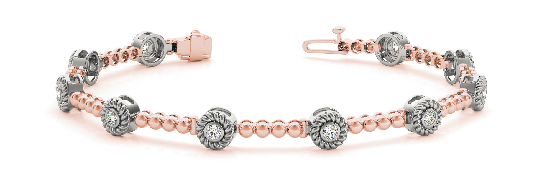 Rose gold Round Bezel Set Diamond Tennis Bracelet with Beaded Band