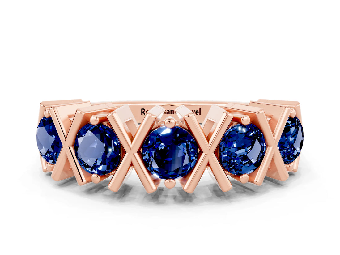Rose gold Round Blue Sapphire Channel Set Band with X-Prong Detail_6