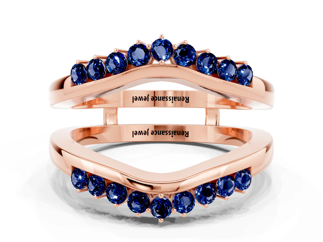 Rose gold Round Blue Sapphire Chevron Contour Band with Prong Setting_6