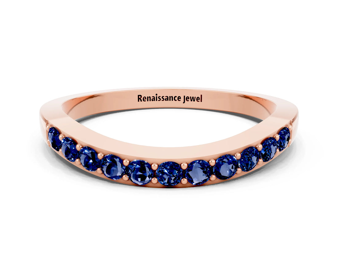 Rose gold Round Blue Sapphire Curved Wedding Band with Channel Setting_6