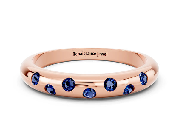 Rose Gold Round Lab-Grown Blue Sapphire Flush Set Domed Wedding Band with Staggered Stones