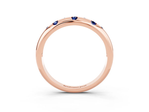 Rose Gold Round Lab-Grown Blue Sapphire Flush Set Domed Wedding Band with Staggered Stones