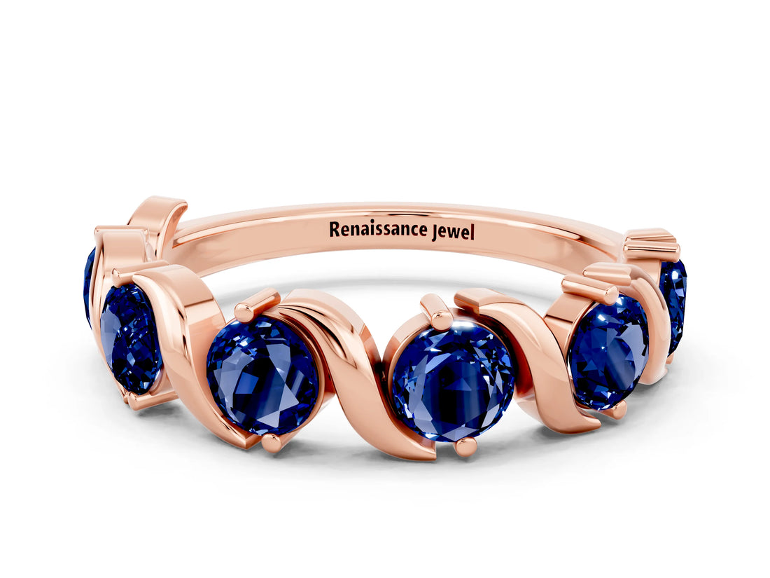 Rose gold Round Blue Sapphire Half Eternity Band with Wave Prong Setting_6