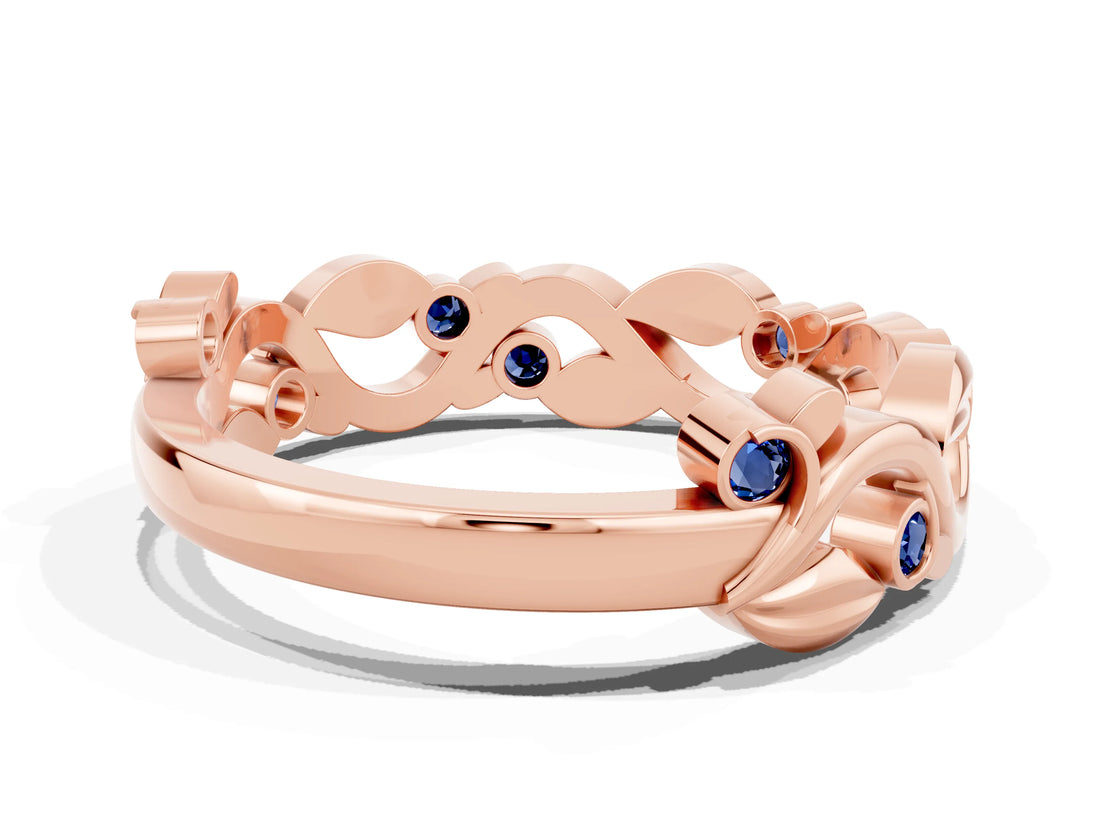 Rose gold Round Blue Sapphire Leaf Eternity Band with Bezel Setting_78