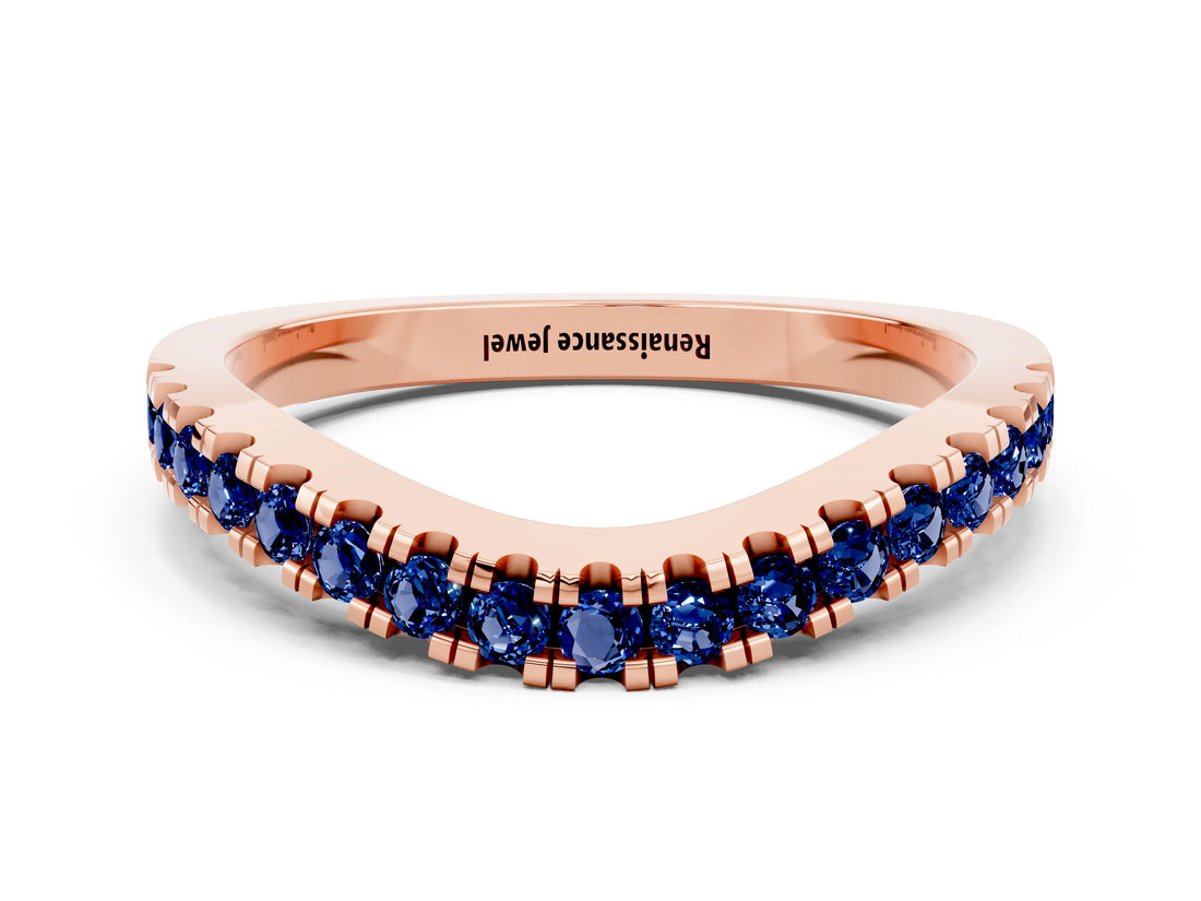 Rose gold Round Blue Sapphire Pavé Curved Band with Shared Prong Setting_6